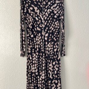 Maggy London Women's Shift Dress Long Sleeve Polka Dot Black Peach Size 10Petite